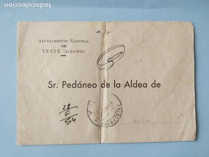 Lettres commerciales: CARTA AYUNTAMIENTO YESTE A PEDANEO ALDEA - ALBACETE - 1954