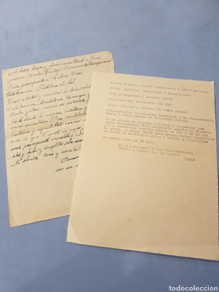 Commercial Letters: Carta y borrador ,Anuncio Empresa de Bodas,Bautizos y Comuniones, Villena , a&ntilde;os 1950