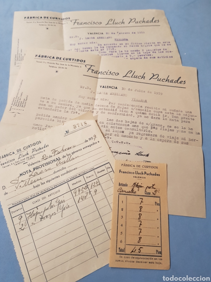 Commercial Letters: Lote Cartas Comerciales y Notas ,Francisco Lluch Puchares ,f&aacute;brica de curtidos, Valencia,a&ntilde;o 1959