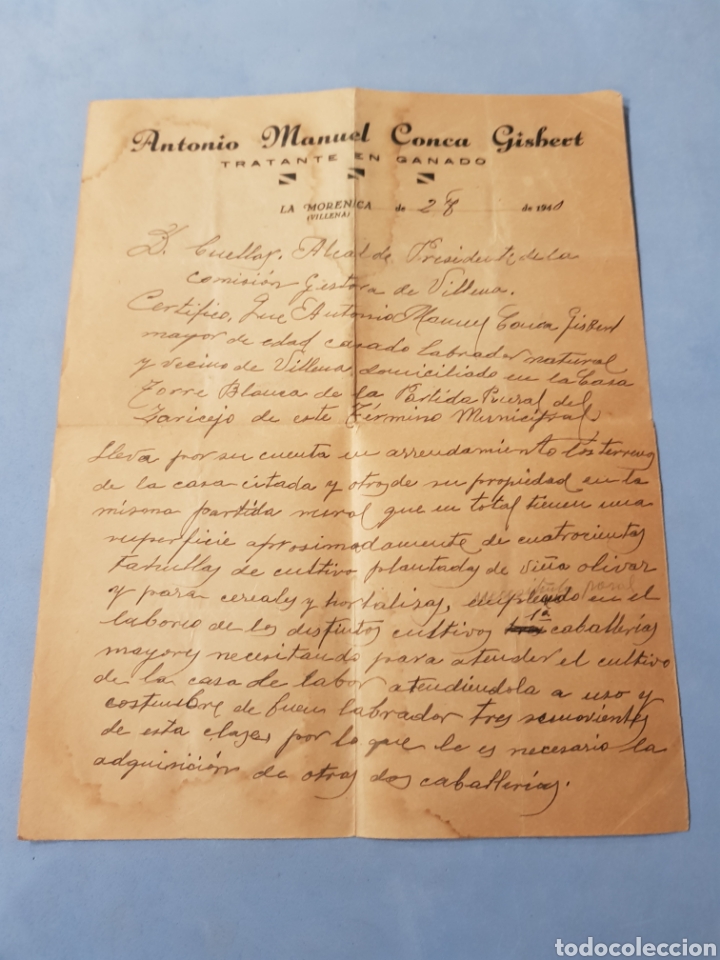Commercial Letters: Carta ,Antonio Manuel Conca Gisbert , Villena 1940 ,Tratante de Ganado