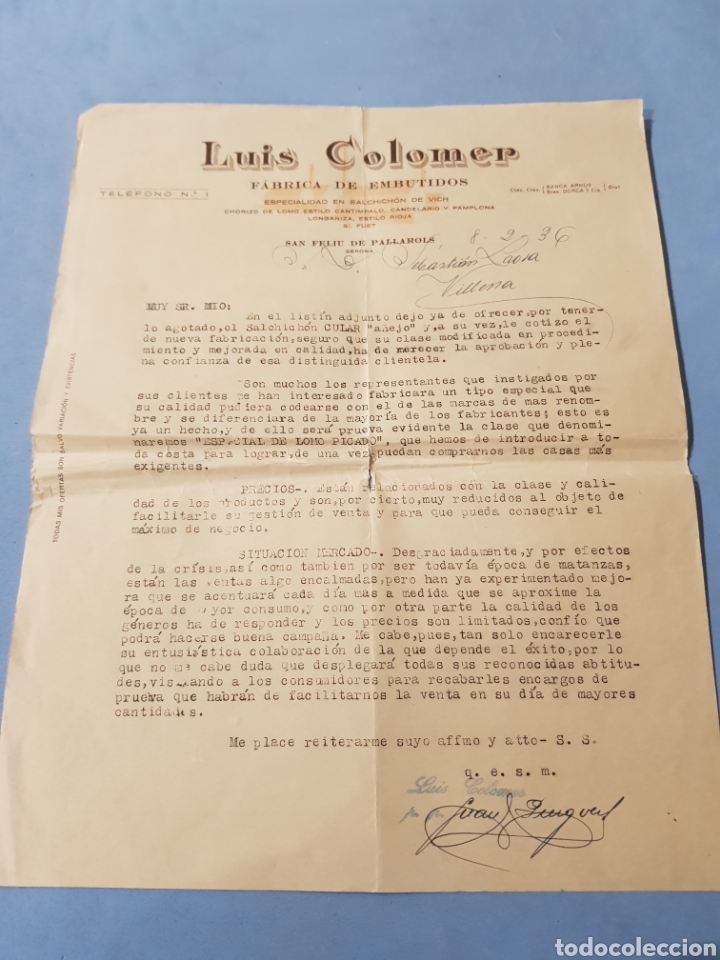 Commercial Letters: Luis Colomer ,F&aacute;brica de embutidos, Carta Comercial a&ntilde;o 1936