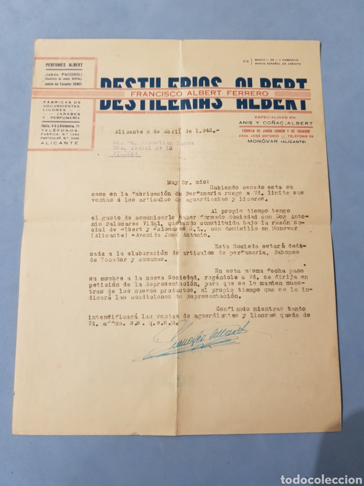Commercial Letters: Destiler&iacute;as Albert ,Perfumes , Aguardientes ,Jarabes ,carta comercial, a&ntilde;o 1942