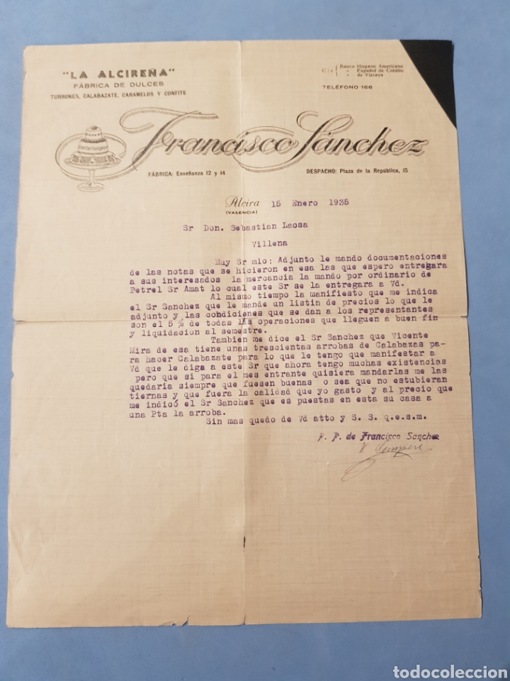 Commercial Letters: Francisco Sanchez ,Fabricas de Dulces , La Alcire&ntilde;a a&ntilde;o 1935