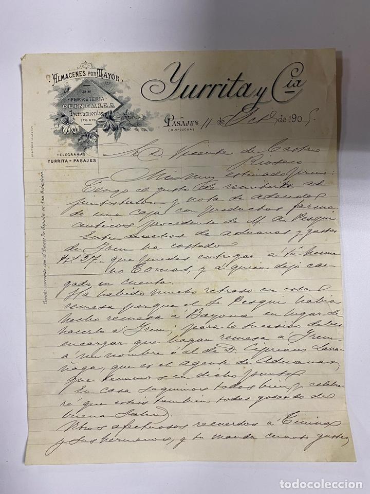 Cartas comerciais: CARTA COMERCIAL. YURRITA Y CIA. ALMACENES POR MAYOR. GUIPUZCUA - PASAJES, 1905.