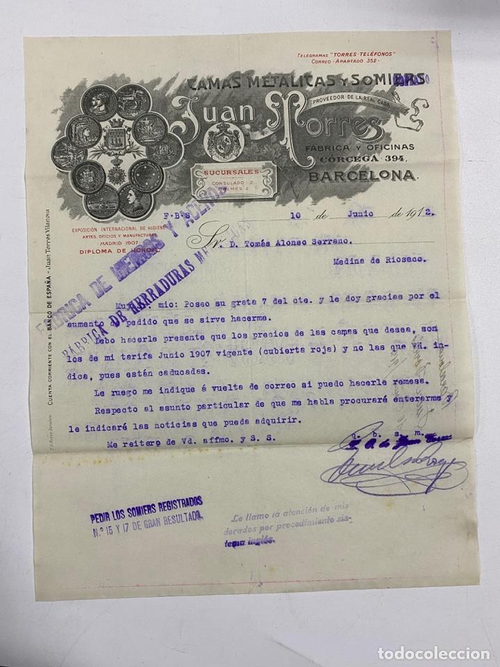 Cartas comerciais: CARTA COMERCIAL. JUAN TORRES. CAMAS METALICAS Y SOMIERS. BARCELONA, 1912