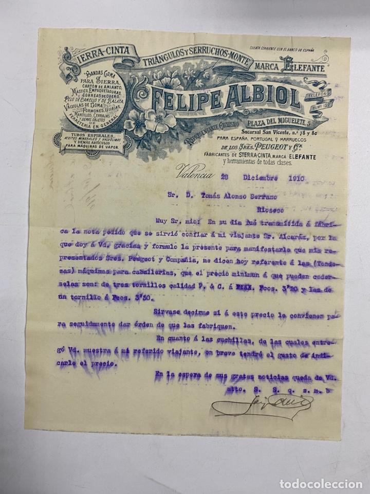 Cartas comerciais: CARTA COMERCIAL. FELIPE ALBIOL. FABRICANTES DE SIERRA-CINTA MARCA ELEFANTE. VALENCIA,1910