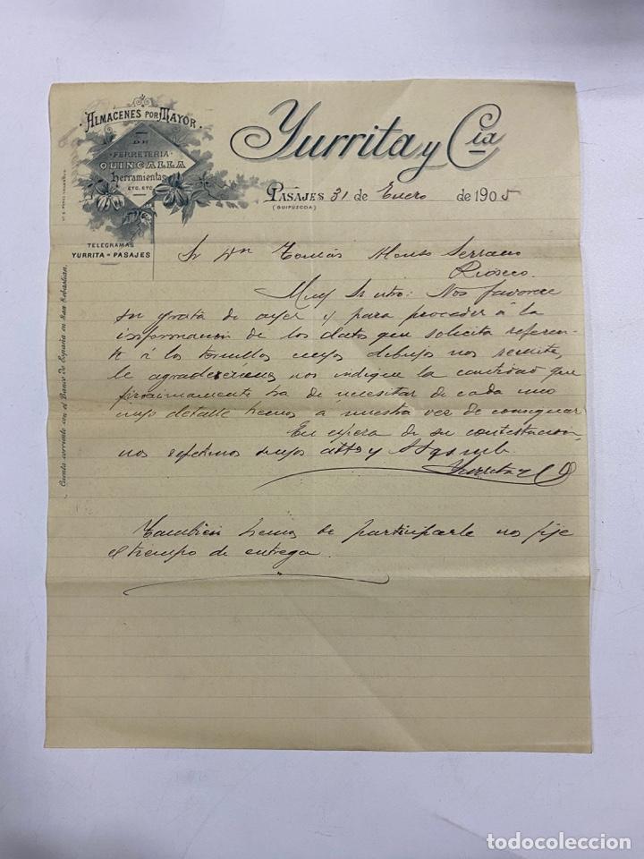 Cartas comerciais: CARTA COMERCIAL. YURRITA Y CIA. ALMACENES POR MAYOR DE FERRETERIA. PASAJES -GUIPUZCUA,1905
