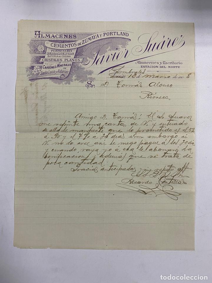 Cartas comerciais: CARTA COMERCIAL. JAVIER SUAREZ. ALMACENES DE CEMENTO DE ZUMAYA PORTLAND. LEON, 1908