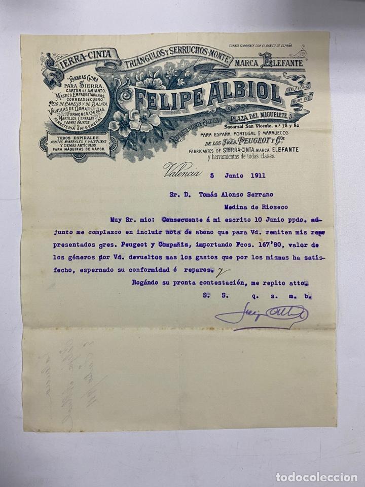 Cartas comerciais: CARTA COMERCIAL. FELIPE ALBIOL. FABRICANTES DE SIERRA-CINTA MARCA ELEFANTE. VALENCIA,1911