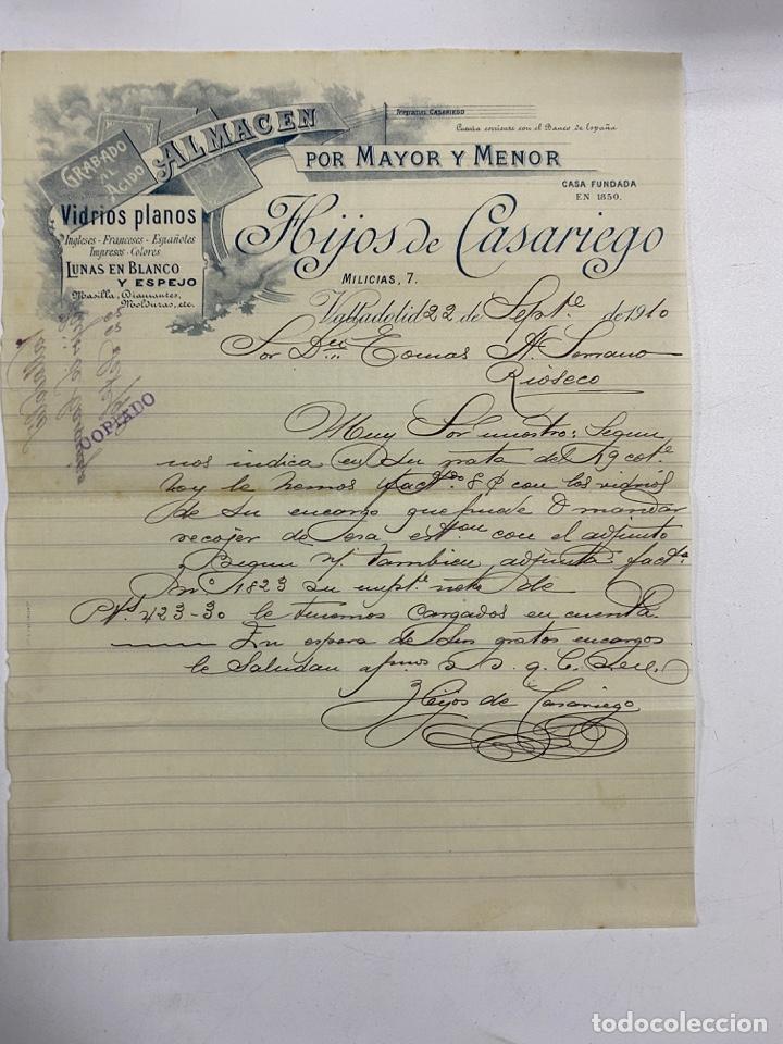 Lettres commerciales: CARTA COMERCIAL. HIJOS DE CASARIEGO. ALMACEN POR MAYOR Y MENOR. VIDRIOS. VALLADOLID, 1910