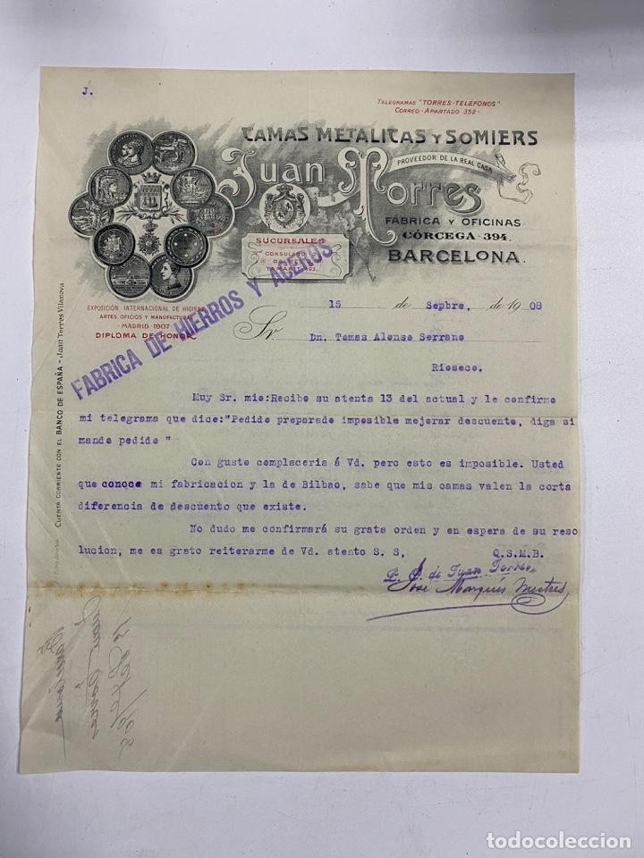 Cartas comerciais: CARTA COMERCIAL. JUAN TORRES. CAMAS METALICAS Y SOMIERS. BARCELONA, 1908