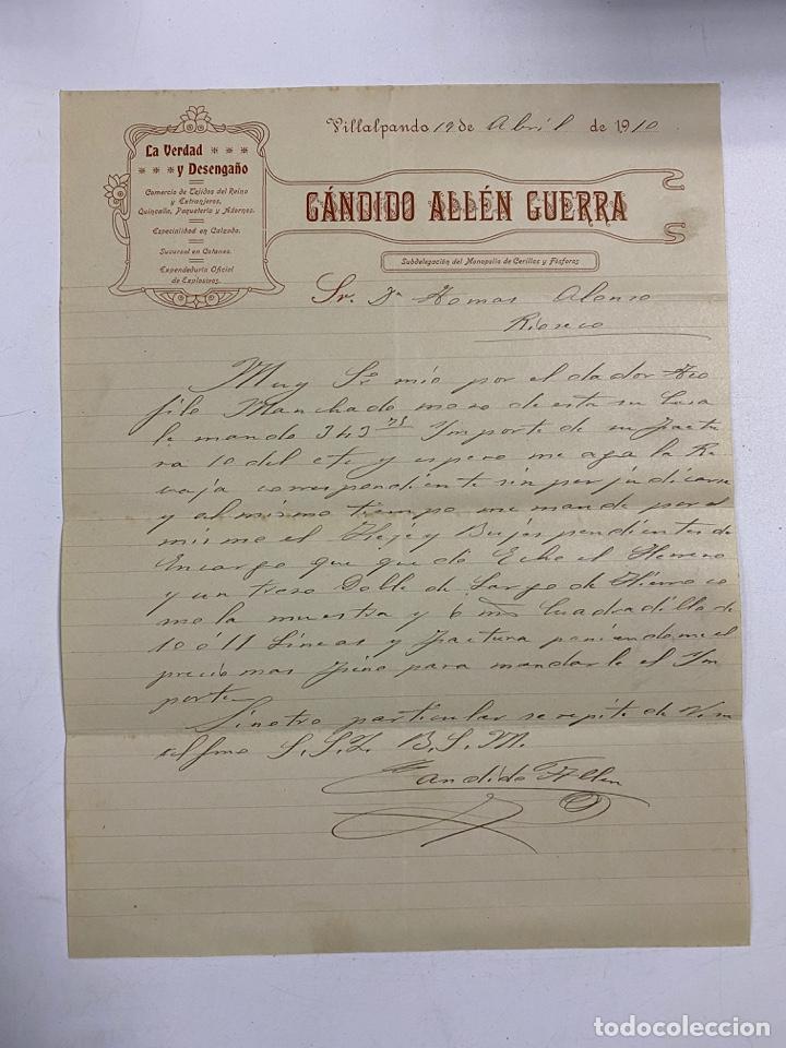 Cartas comerciais: CARTA COMERCIAL. C&Aacute;NDIDO ALL&Eacute;N GUERRA. COMERCIO DE TEJIDOS DEL REINO. VILLALPANDO,1910