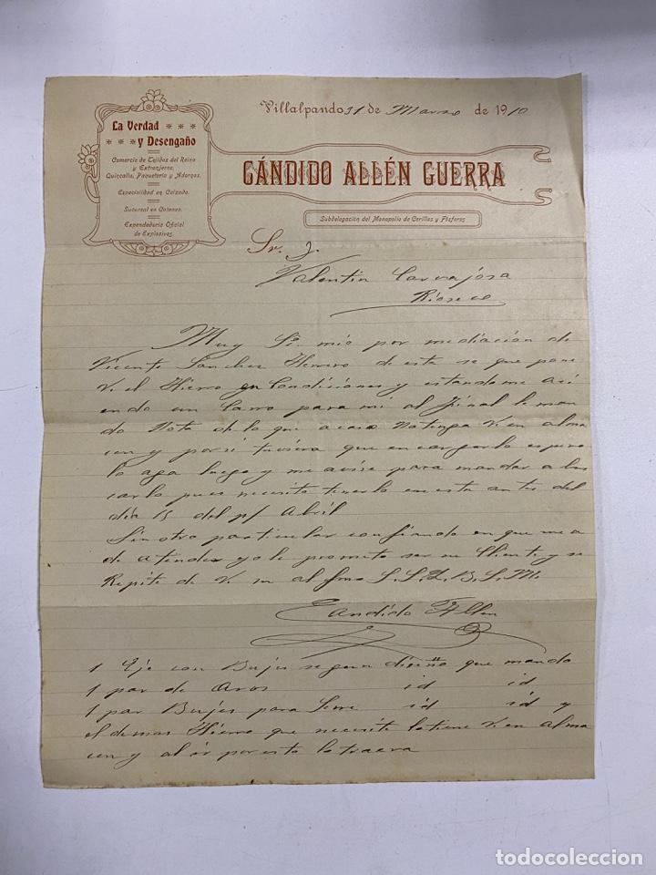 Cartas comerciais: CARTA COMERCIAL. C&Aacute;NDIDO ALL&Eacute;N GUERRA. COMERCIO DE TEJIDOS DEL REINO. VILLALPANDO,1910