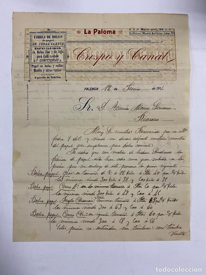 Gesch&auml;ftsbriefe: CARTA COMERCIAL. CRESPO Y CANAL. LA PALOMA. FABRICA DE BOLSAS. PALENCIA, 1914