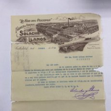 Cartas comerciales: CARTA COMERCIAL. SOLACHE Y LLANOS. FABRICA DE HARINAS. LA FLOR DEL PISUERGA. VALLADOLID,1913. Lote 263619470