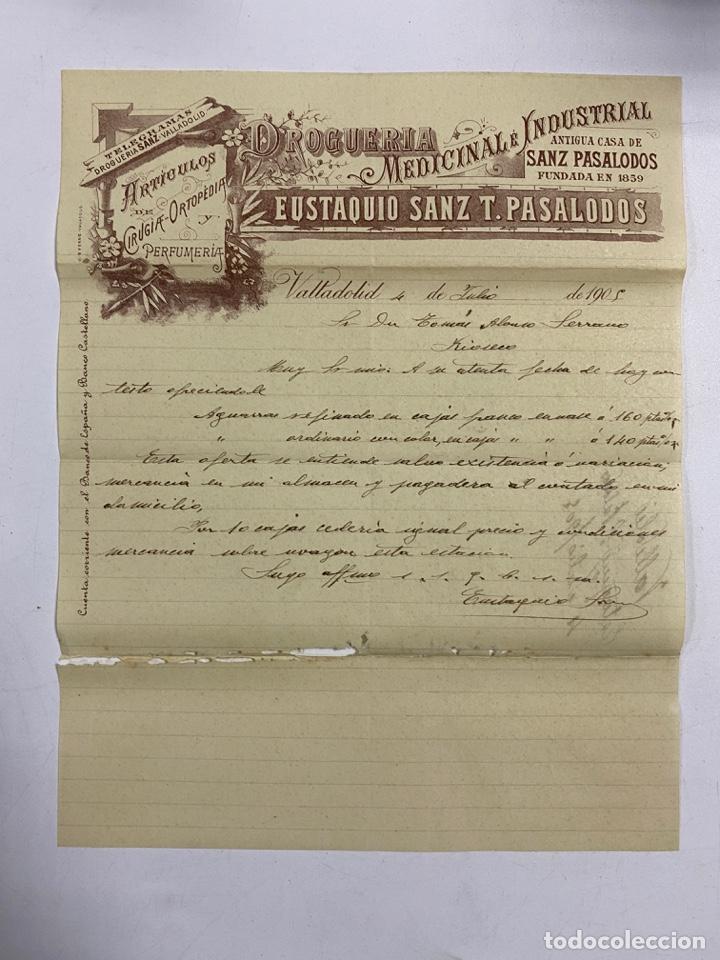 Gesch&auml;ftsbriefe: CARTA COMERCIAL. EUSTAQUIO SANZ T. PASALODOS. DROGUERIA MEDICINAL E INDUSTRIAL. VALLADOLID,1905