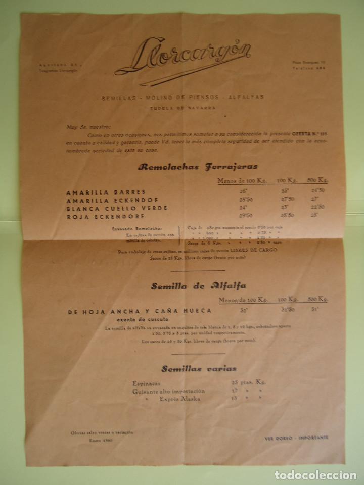 Cartas comerciais: CARTA LLORCARGON , SEMILLAS , MOLINO DE PIENSOS, ALFALFAS. TUDELA DE NAVARRA. 1960