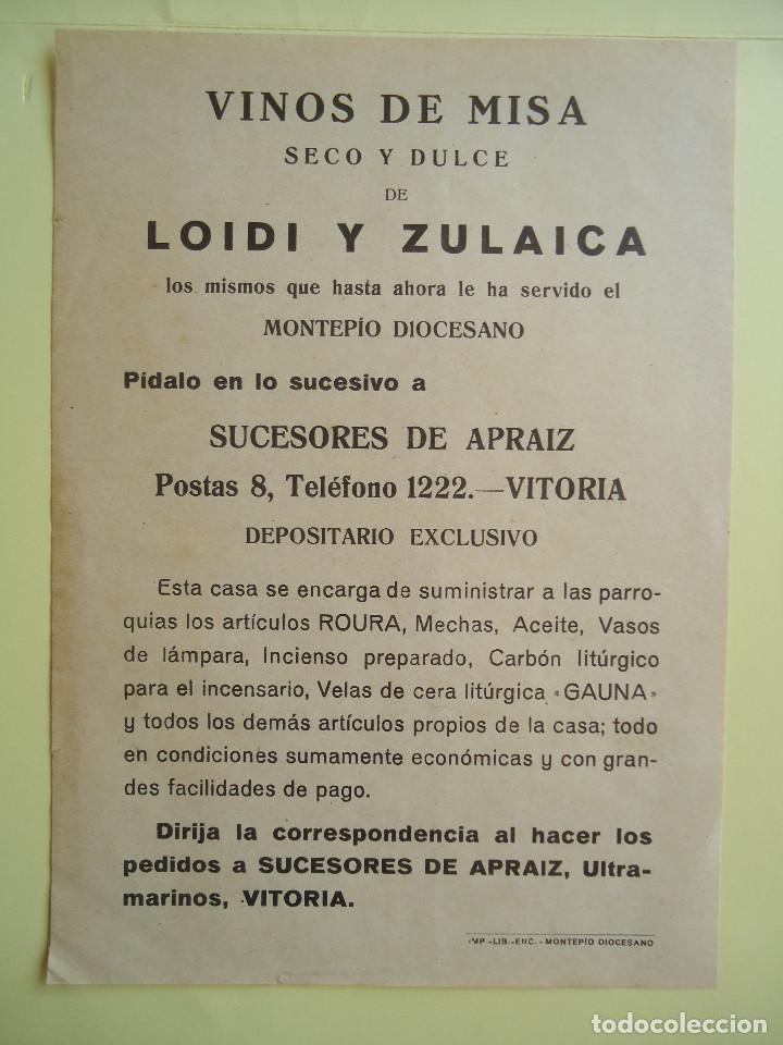 Cartas comerciais: DOCUMENTO DE VINOS DE MISA DE LOIDI Y ZULAICA. PIDALO A SUCESORES DE APRAIZ DE VITORIA.