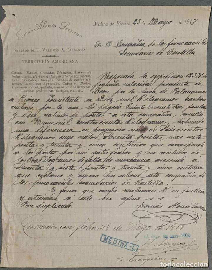 Cartas comerciales: Tom&aacute;s Alonso Serrano. Suc. de D. Valent&iacute;n A. Carbajosa. Ferreter&iacute;a Americana. Medina de R&iacute;oseco 1917