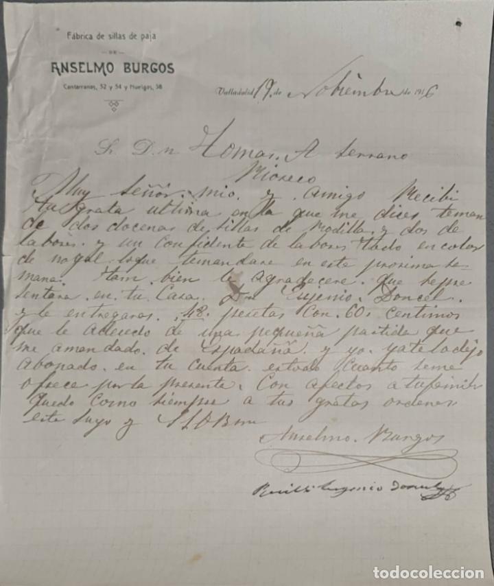 Cartas comerciais: Anselmo Burgos. F&aacute;brica de sillas de paja. Valladolid. Espa&ntilde;a 1916