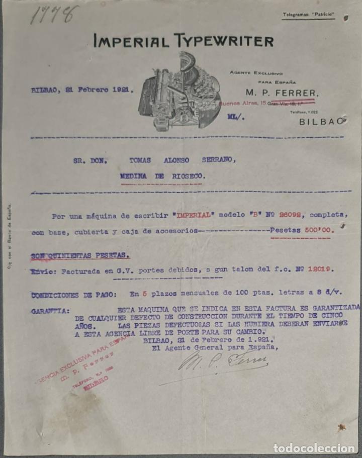 Cartas comerciais: M.P. Ferrer. Agente exclusivo para Espa&ntilde;a de Imperial Typerwriter. Bilbao. Espa&ntilde;a 1921