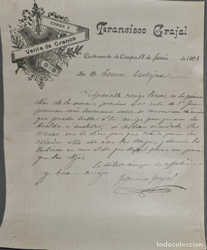 Cartas comerciais: Franc&iacute;sco Grajal. Compra y Venta de granos. Castroverde del Campo. Espa&ntilde;a 1909