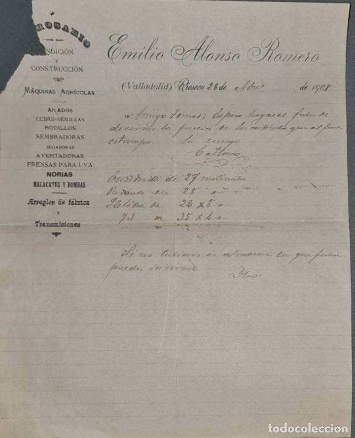 Cartas comerciais: Emilio Alonso Romero. La Rosario. Fundici&oacute;n y Construcci&oacute;n maquinaria agr&iacute;cola.Rioseco 1908