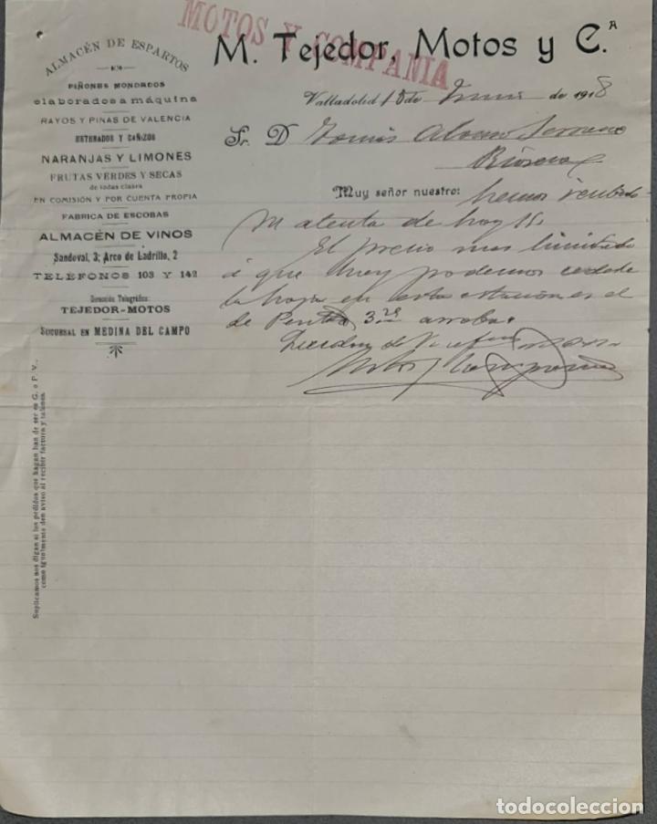 Cartas comerciais: M. Tejedor, Motos y C&ordf;. Almac&eacute;n de espartos. Valladolid. Espa&ntilde;a 1918