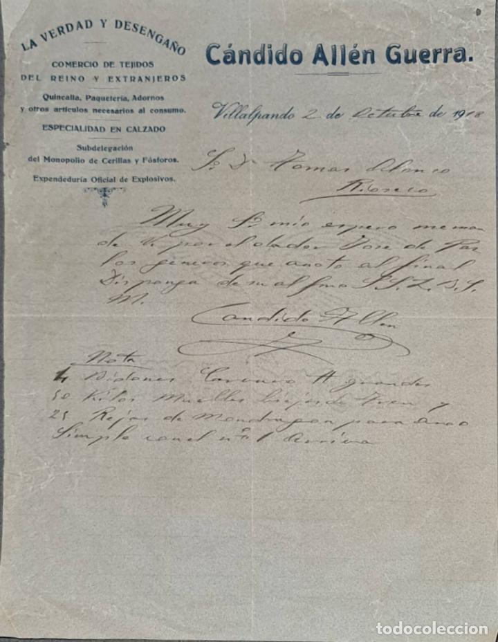 Cartas comerciais: C&aacute;ndido All&eacute;n Guerra. La verdad y Desenga&ntilde;o. Comercio de tejidos. Villalpando. Espa&ntilde;a 1918