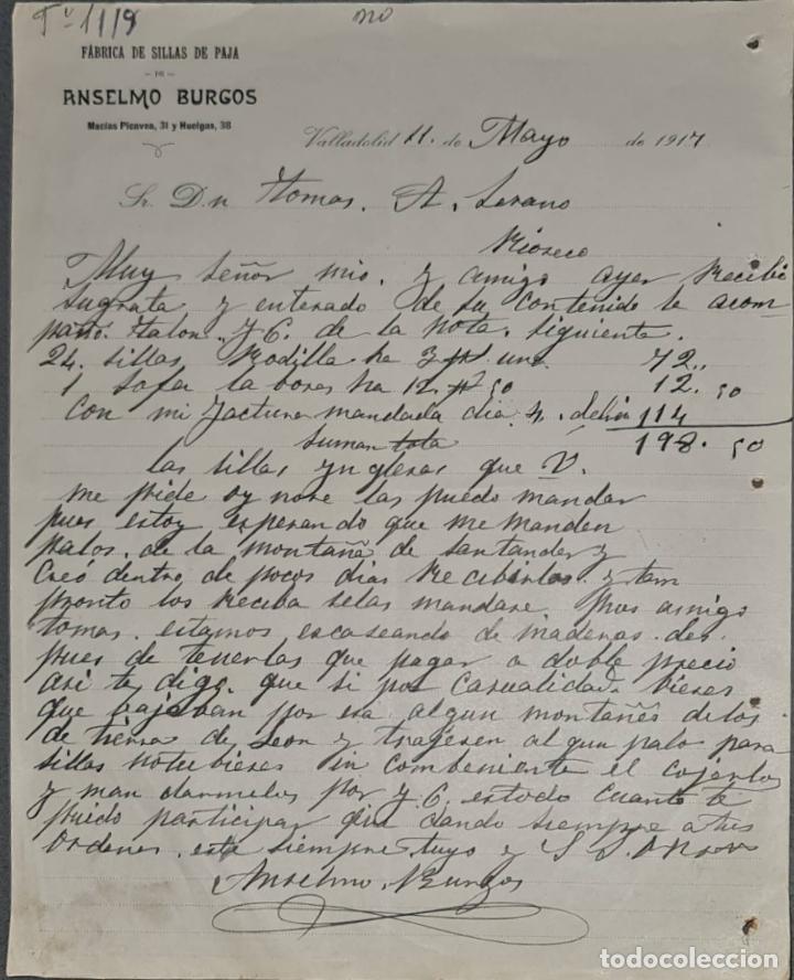 Cartas comerciais: Anselmo Burgos. F&aacute;brica de sillas de paja. Valladolid. Espa&ntilde;a 1917