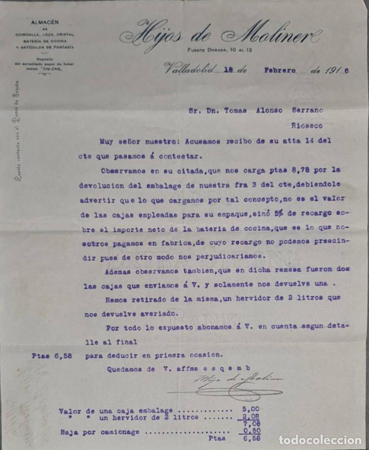 Cartas comerciais: Hijos de Moliner. Almac&eacute;n de quincalla, loza y cristal. Valladolid. Espa&ntilde;a 1916