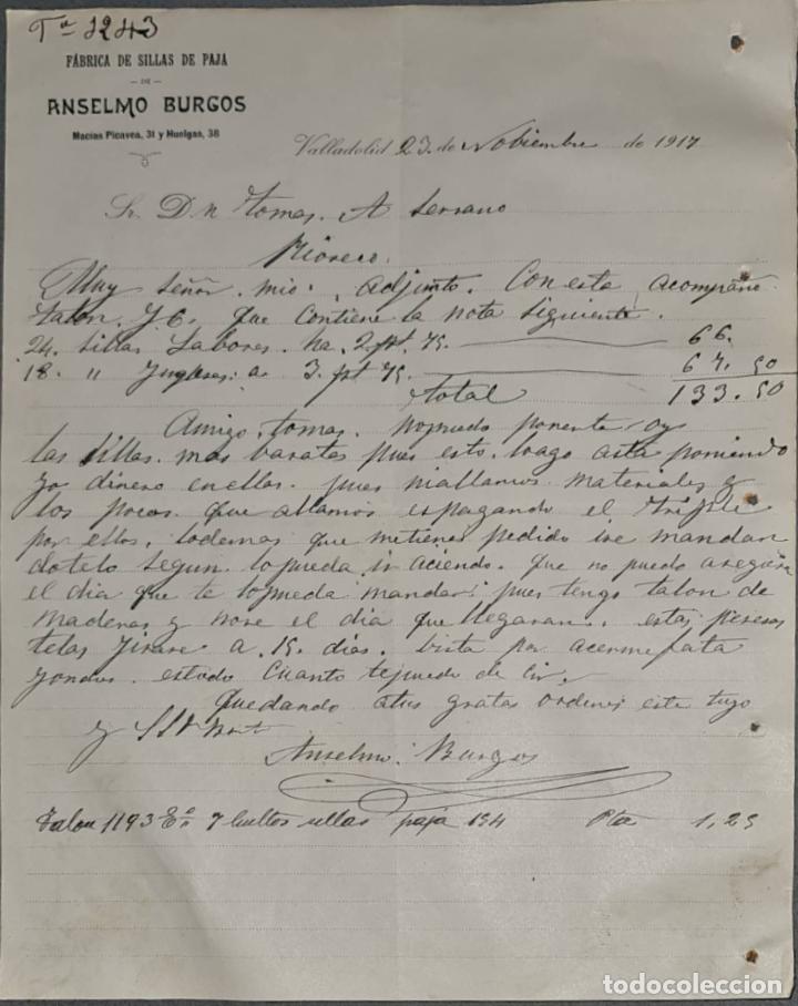 Cartas comerciais: Anselmo Burgos. F&aacute;brica de sillas de paja. Valladolid. Espa&ntilde;a 1917