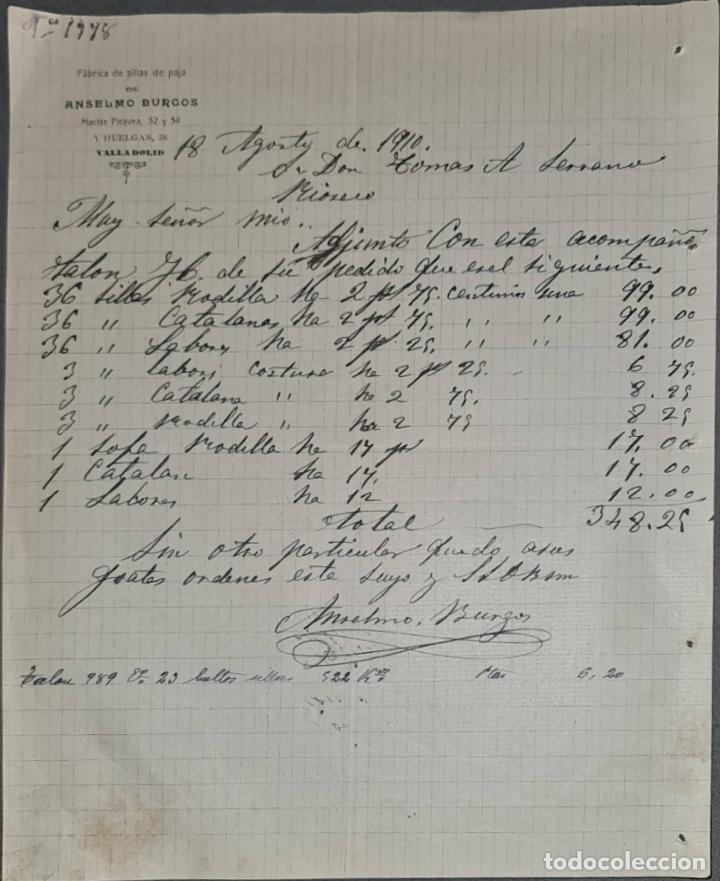 Cartas comerciais: Anselmo Burgos. F&aacute;brica de sillas de paja. Valladolid. Espa&ntilde;a 1910