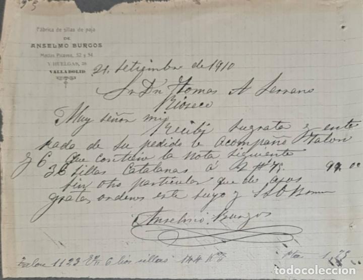 Cartas comerciais: Anselmo Burgos. F&aacute;brica de sillas de paja. Valladolid. Espa&ntilde;a 1910