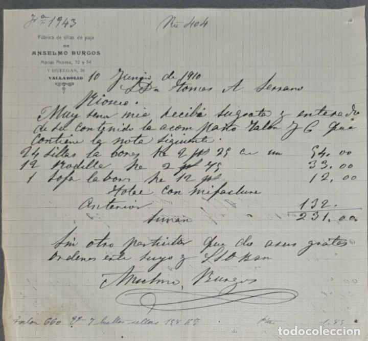 Cartas comerciais: Anselmo Burgos. F&aacute;brica de sillas de paja. Valladolid. Espa&ntilde;a 1910