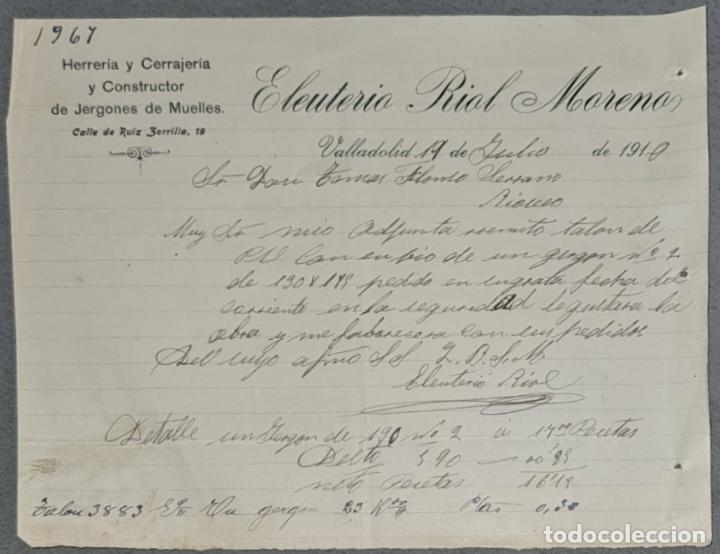 Cartas comerciais: Eleuterio Riol Moreno. Herrer&iacute;a y Cerrajer&iacute;a. Valladolid. Espa&ntilde;a 1910