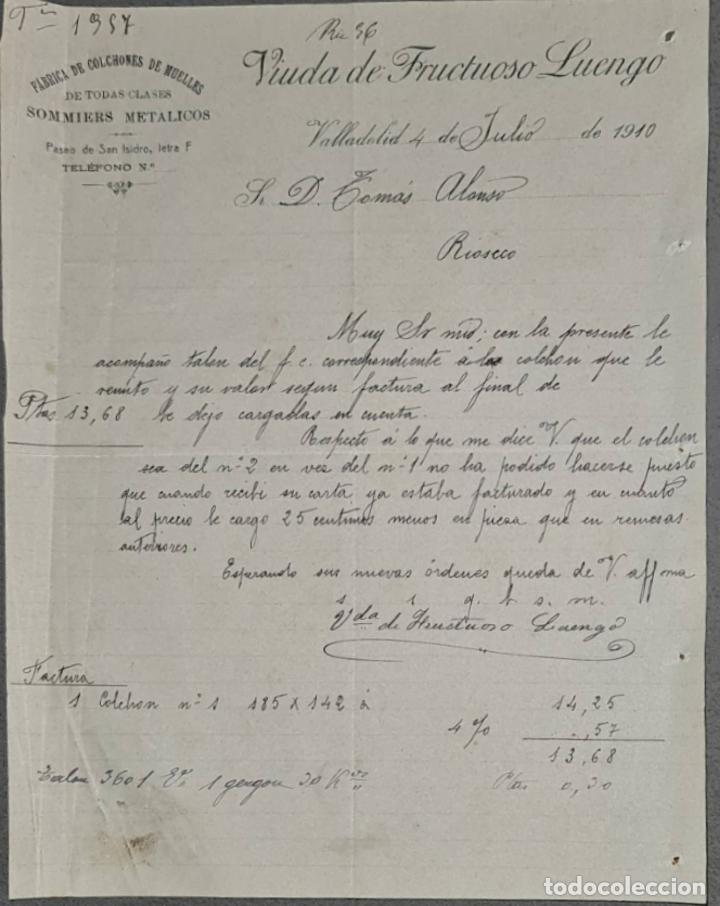 Cartas comerciais: Viuda de Fructuoso Luengo. F&aacute;brica de colchones de muelles. Valladolid. Espa&ntilde;a 1910