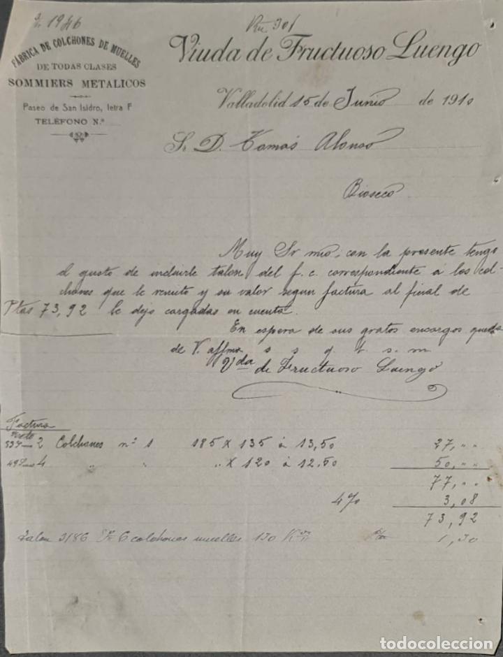 Cartas comerciais: Viuda de Fructuoso Luengo. F&aacute;brica de colchones de muelles. Valladolid. Espa&ntilde;a 1910