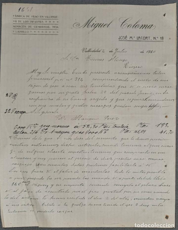 Cartas comerciais: Miguel Coloma. F&aacute;brica de yeso. Almac&eacute;n de cementos, teja y ladrillo. Valladolid. Espa&ntilde;a 1920