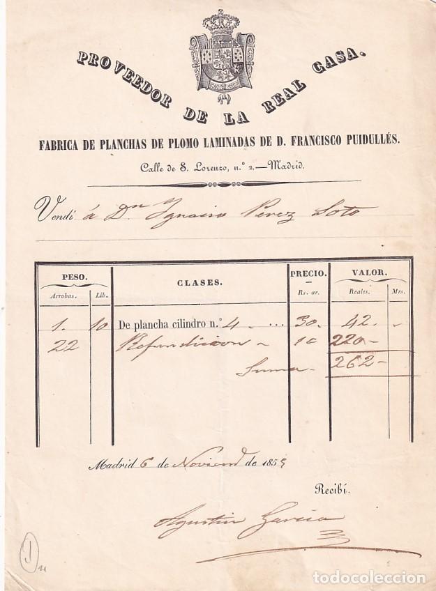 Cartas comerciales: Proveedor de la Real Casa F&aacute;brica de Planchas de plomo Francisco Puidull&eacute;s. Madrid. Firma.