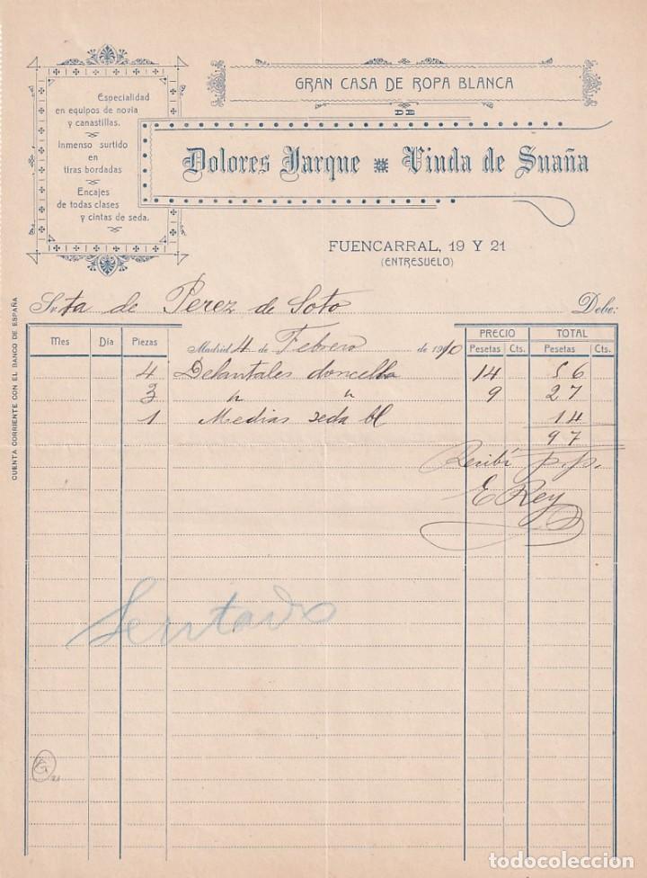 Cartas comerciales: Gran Casa de Ropa Blanca. Dolores Darque Viuda de Sua&ntilde;a. Fuencarral Madrid 1910
