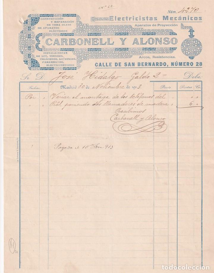 Cartas comerciales: Carbonell y Alonso Electricistas mec&aacute;nicos. Calle de San Bernardo. Madrid. Firma propietario