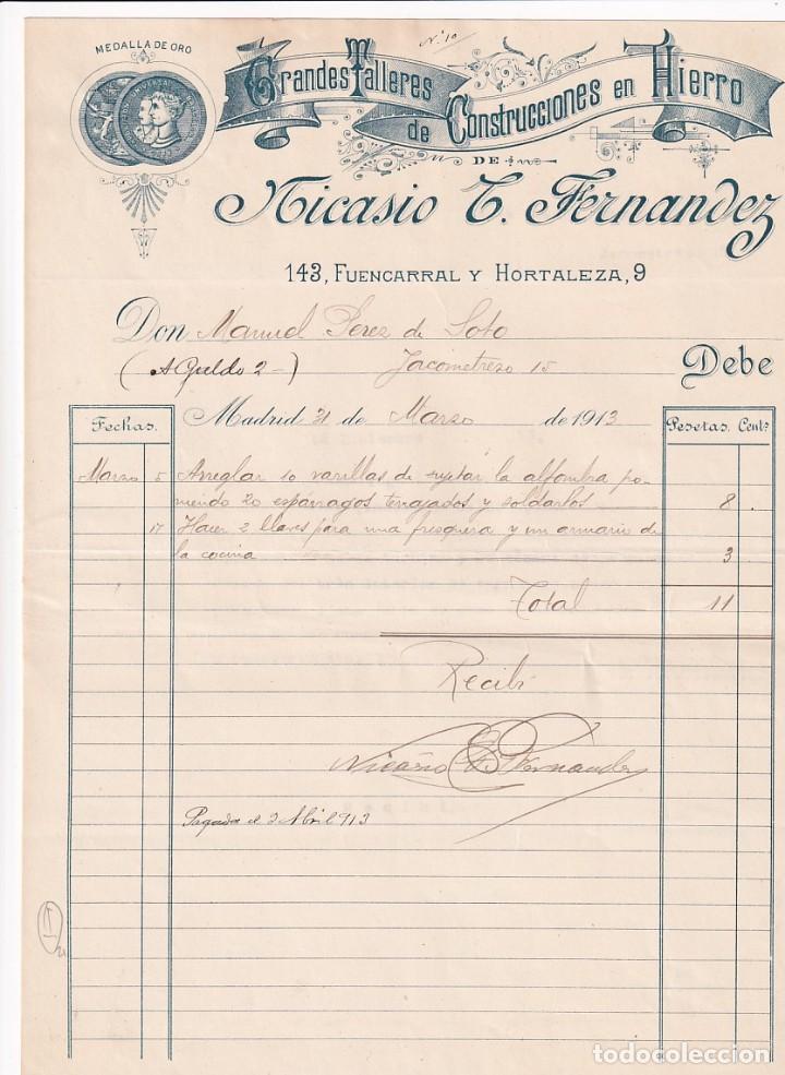 Cartas comerciales: Grandes talleres de construcciones en hierro. Nicasio Fern&aacute;ndez. Madrid Firma propietario