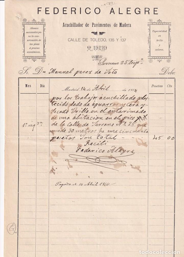 Cartas comerciales: Federico Alegre Acuchillador de pavimentos de madera. Calle Toledo. Madrid 1914 firma propietario