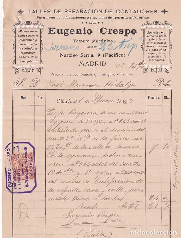 Cartas comerciales: Eugenio Crespo Taller de reparaci&oacute;n de contadores. Madrid Calle Narciso Serra.