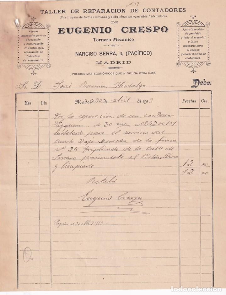 Cartas comerciales: Eugenio Crespo Taller de reparaci&oacute;n de contadores. Madrid Calle Narciso Serra.