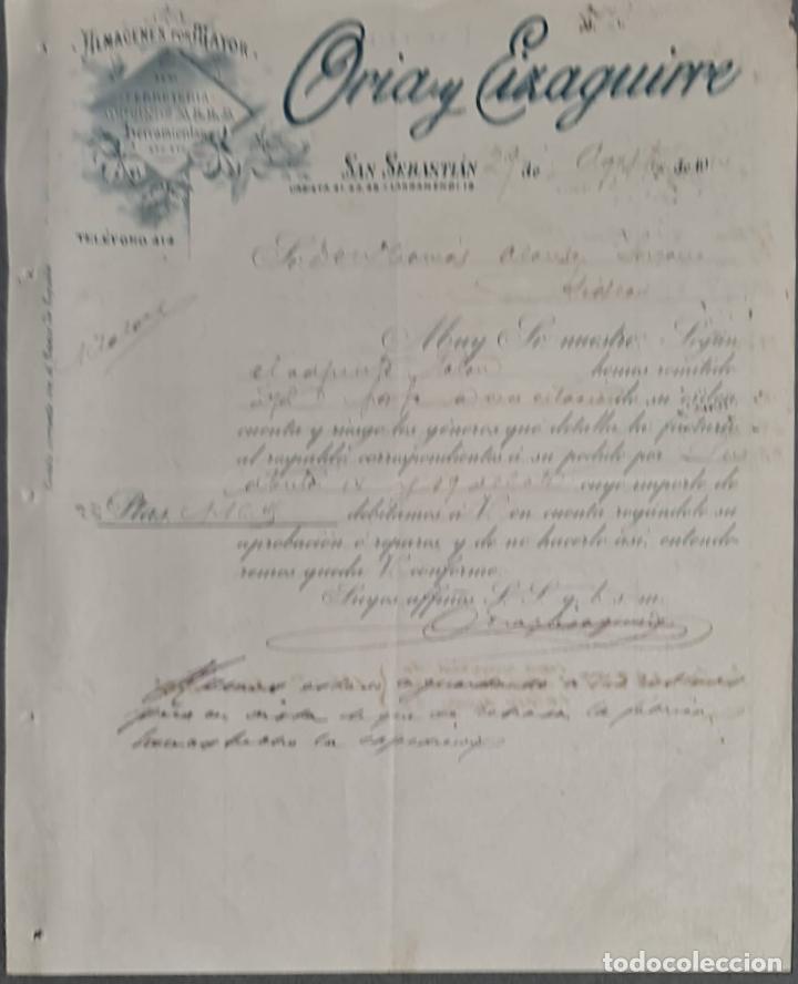 Cartas comerciais: Oria y Eizaguirre. Almacenes por Mayor. San Sebasti&aacute;n. Espa&ntilde;a 1910. Adjunta factura