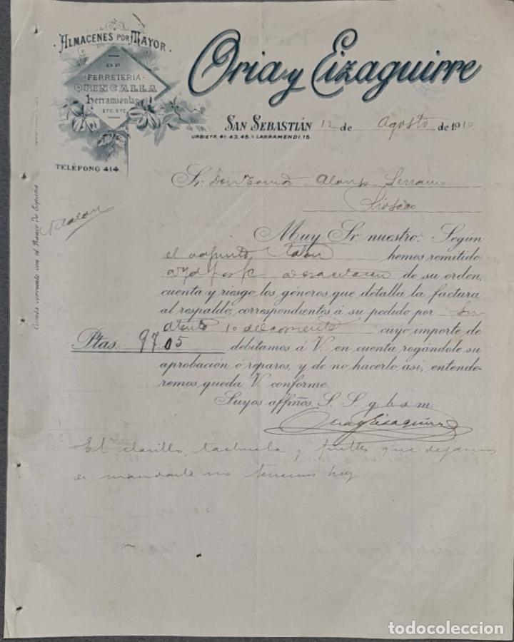 Cartas comerciais: Oria y Eizaguirre. Almacenes por Mayor. San Sebasti&aacute;n. Espa&ntilde;a 1910. Adjunta factura