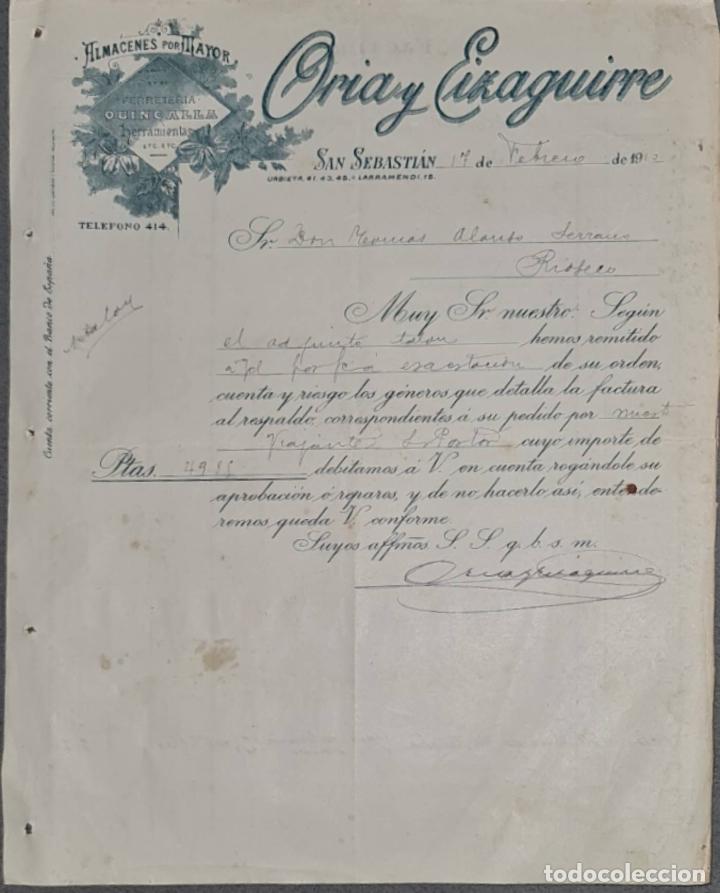 Cartas comerciais: Oria y Eizaguirre. Almacenes por Mayor. San Sebasti&aacute;n. Espa&ntilde;a 1910. Adjunta factura