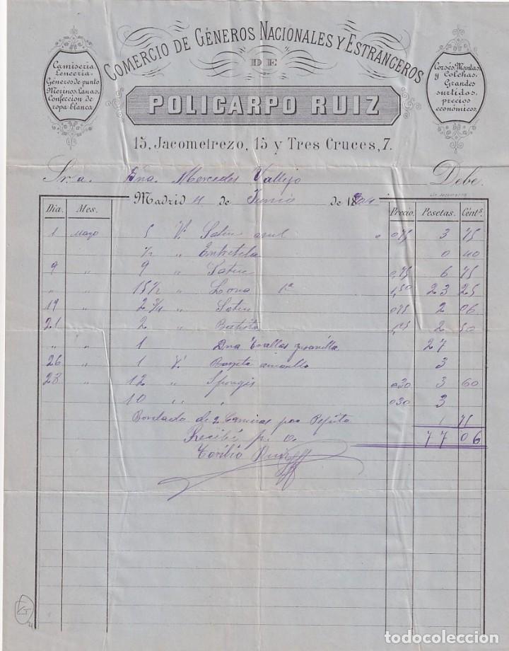 Lettres commerciales: Comercio de g&eacute;neros nacionales Policardo Ruiz. Jacometrezo. Madrid Firma propietario.